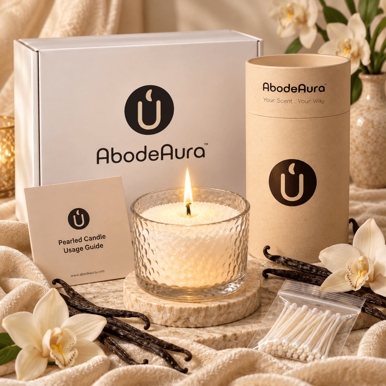 AbodeAura Velvet Embrace Vanilla PALMWAX Pearled Candle Gift Set, 18 oz Glass Container