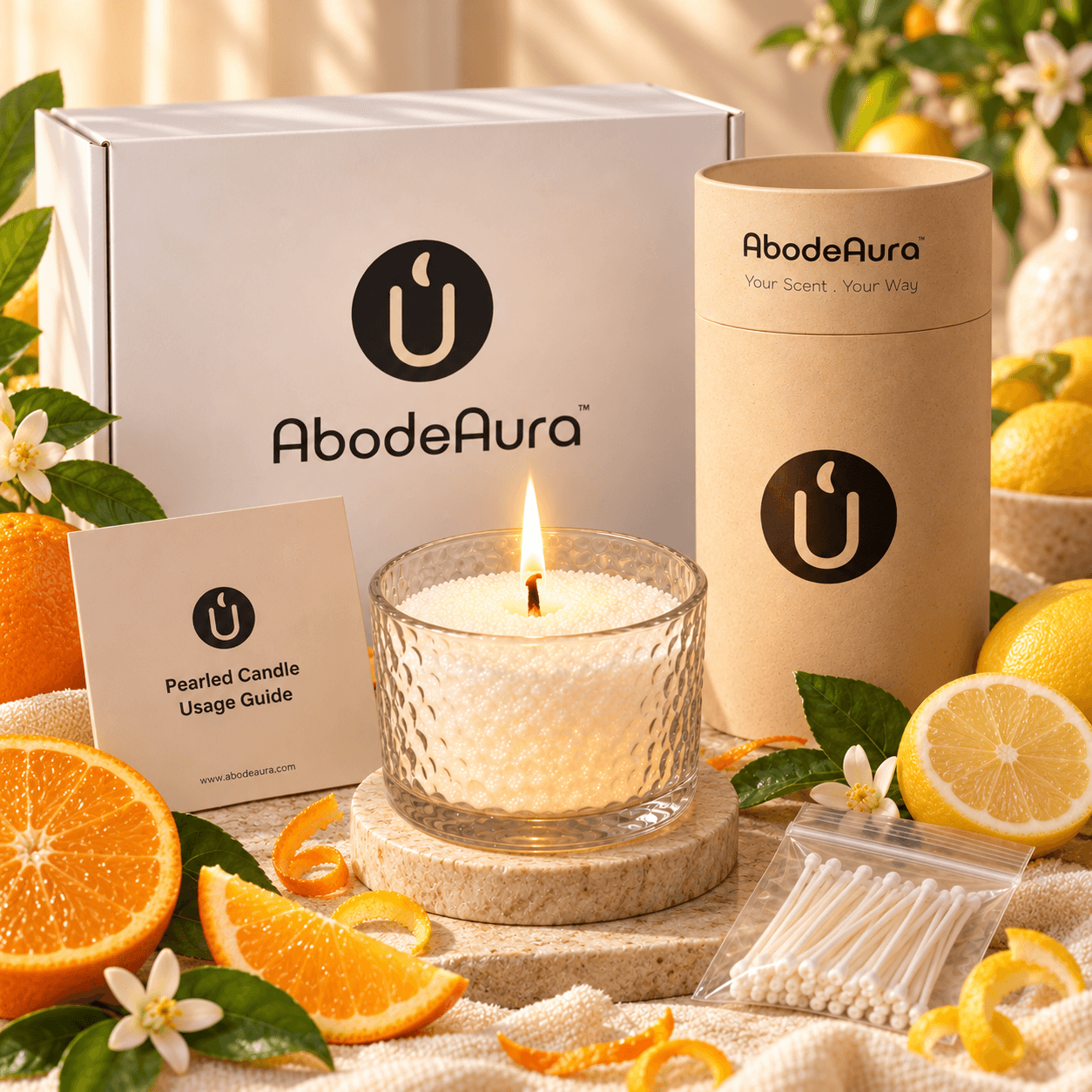 AbodeAura Citrus Sunrise Orange & Lemon PALMWAX Pearled Candle Gift Set, 18 oz Glass Container