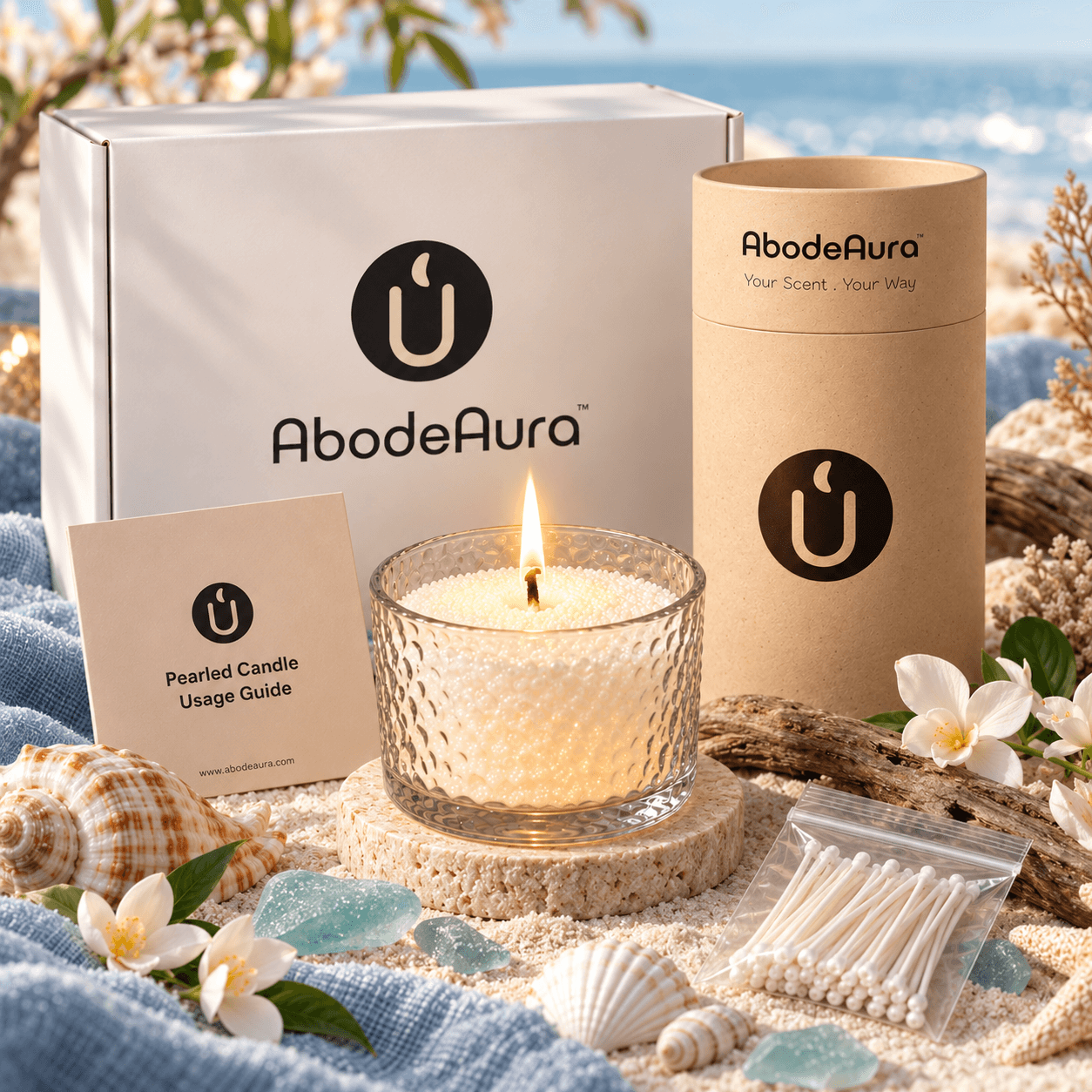 AbodeAura Oceanic Blossom Sea Breeze PALMWAX Pearled Candle Gift Set, 18 oz Glass Container
