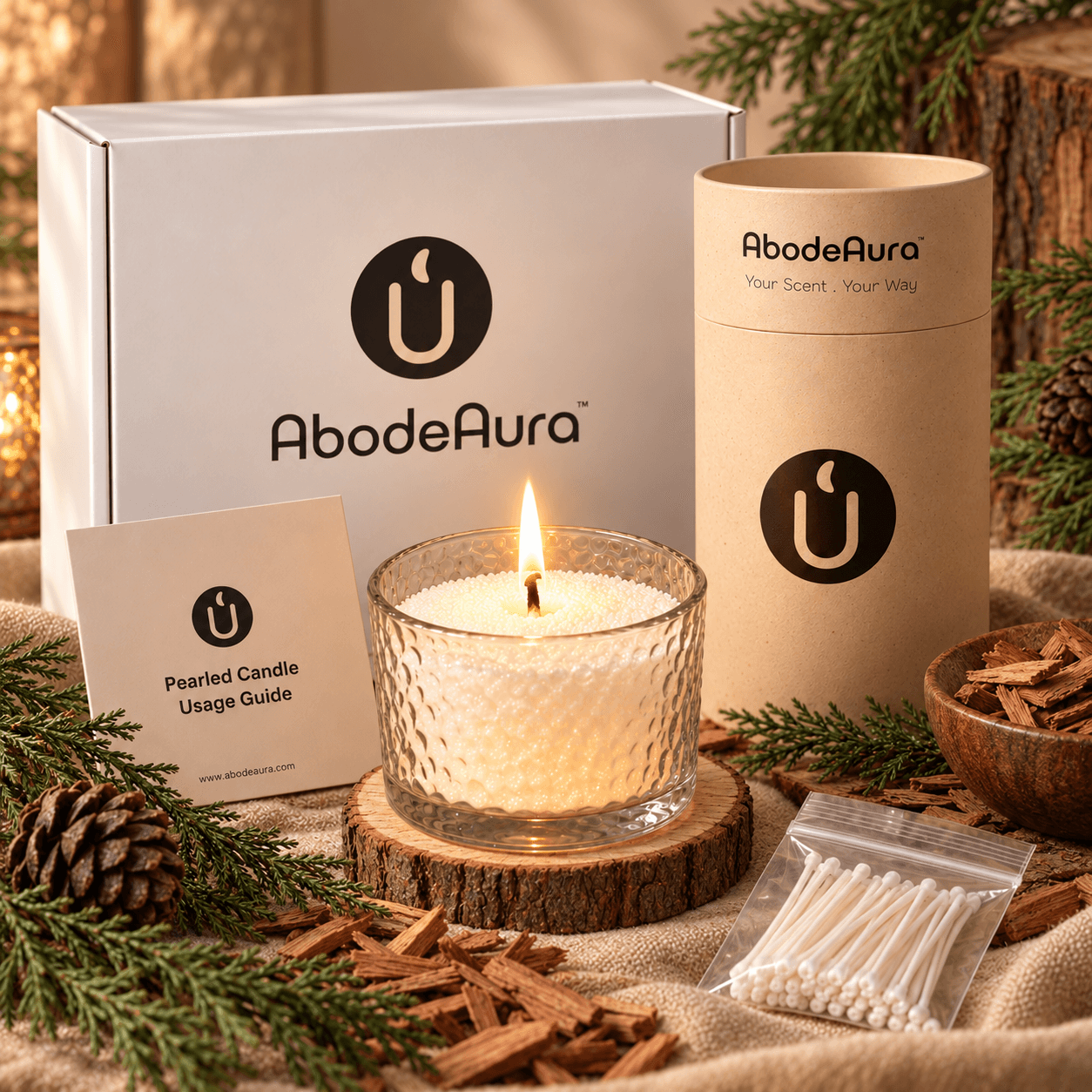 AbodeAura Whispering Woods Cedarwood PALMWAX Pearled Candle Gift Set, 18 oz Glass Container